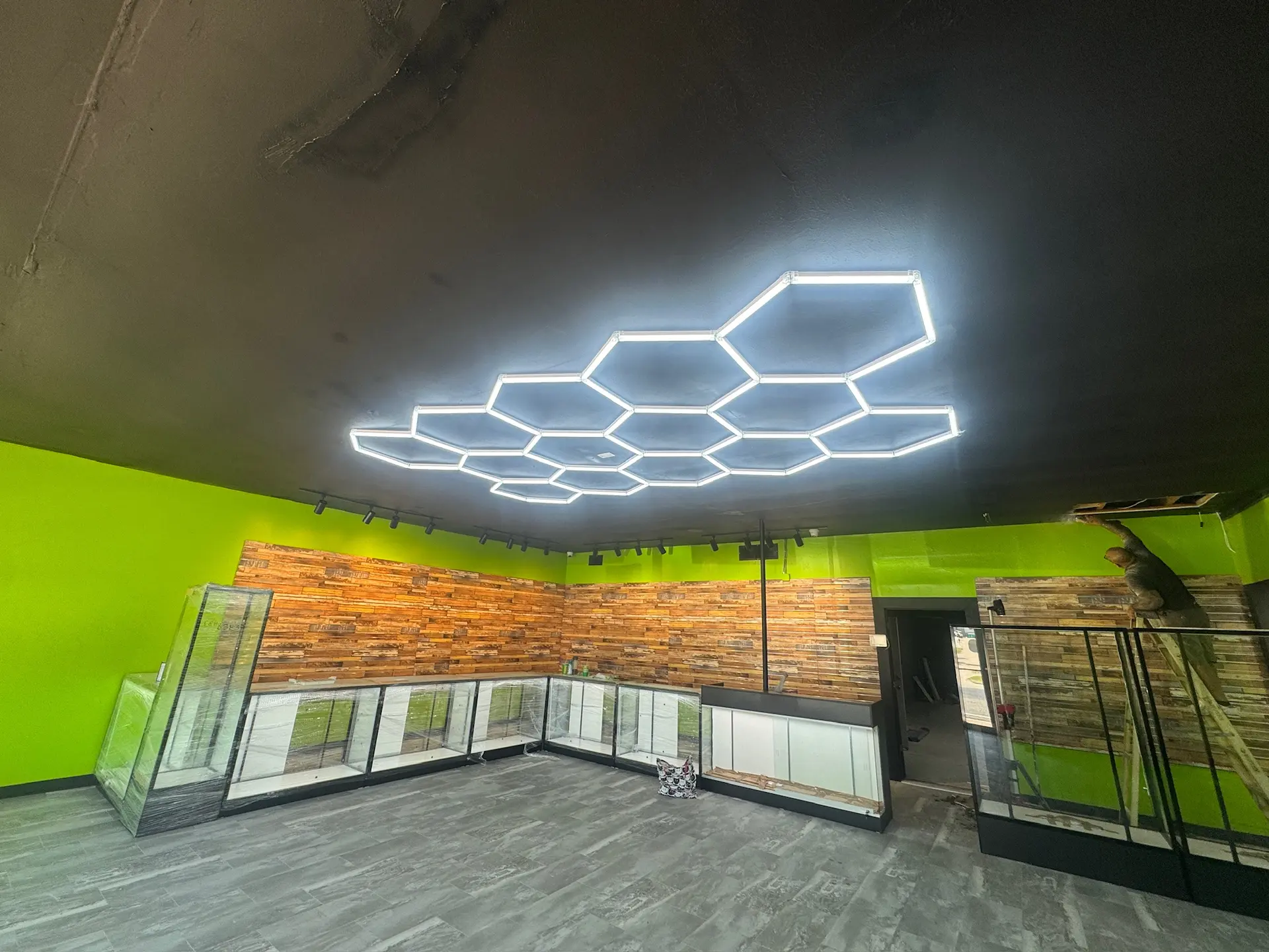 Hexagon LED shop lighting installed by Chosen 1 Electric