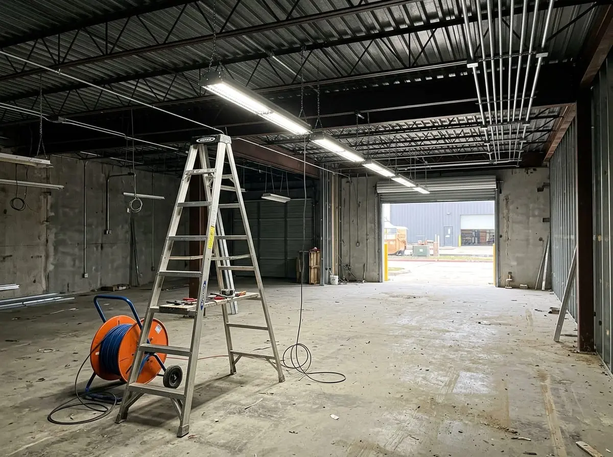 New LED high bay lighting and conduit runs in a Houston warehouse buildout by Chosen 1 Electric