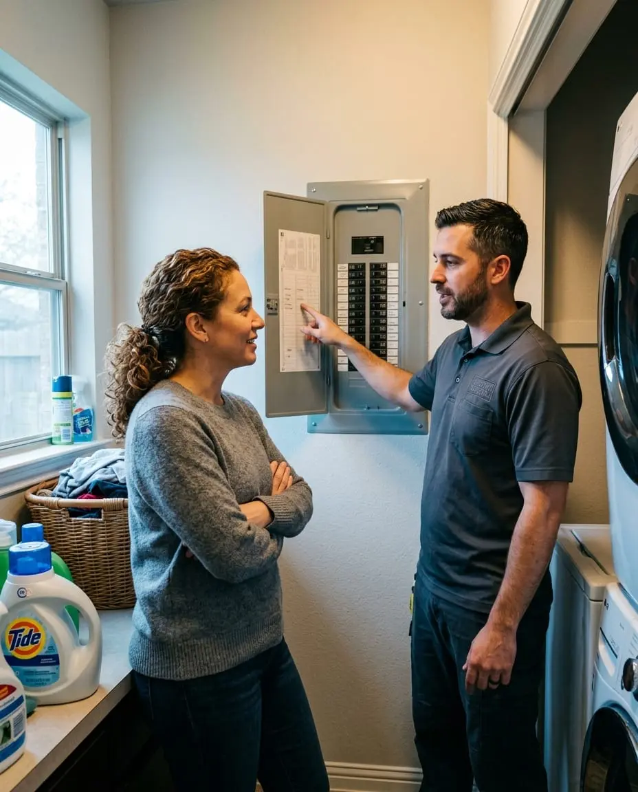 Chosen 1 Electric electrician walking a Houston homeowner through her newly labeled breaker panel
