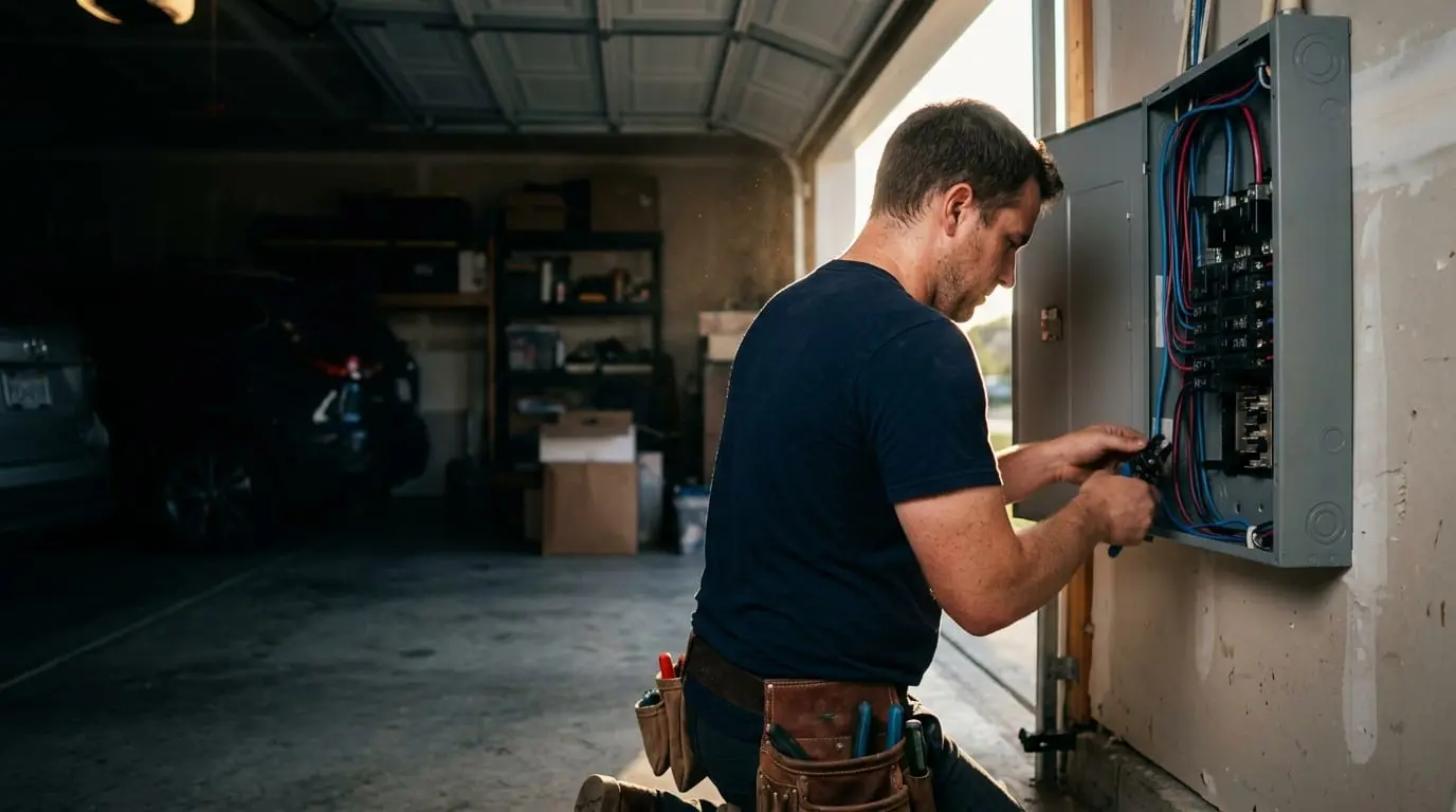 A Chosen 1 Electric electrician wiring a breaker panel in a Houston area garage