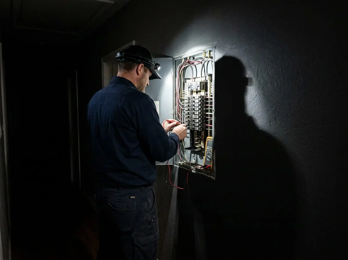 Chosen 1 Electric electrician diagnosing a breaker panel by headlamp during a Houston outage