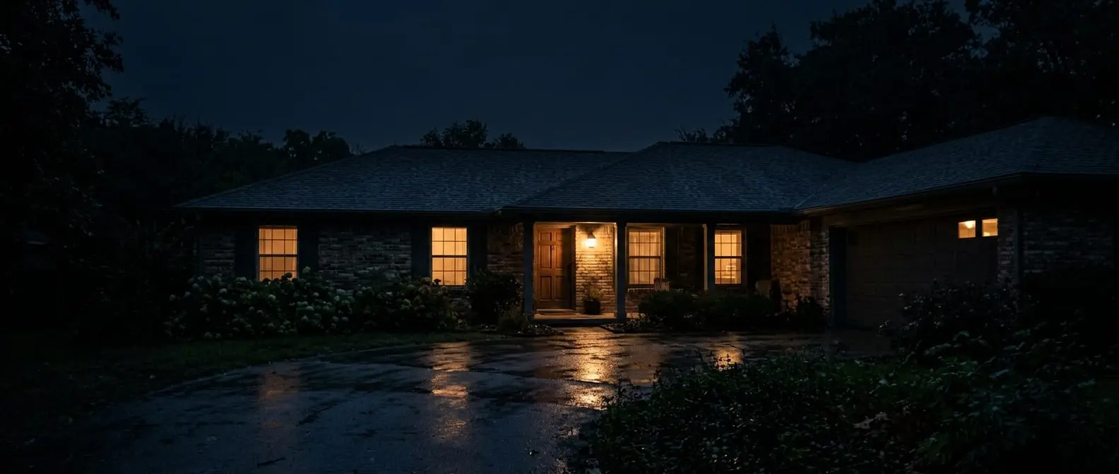 A Houston area home at night with the lights back on after electrical work by Chosen 1 Electric