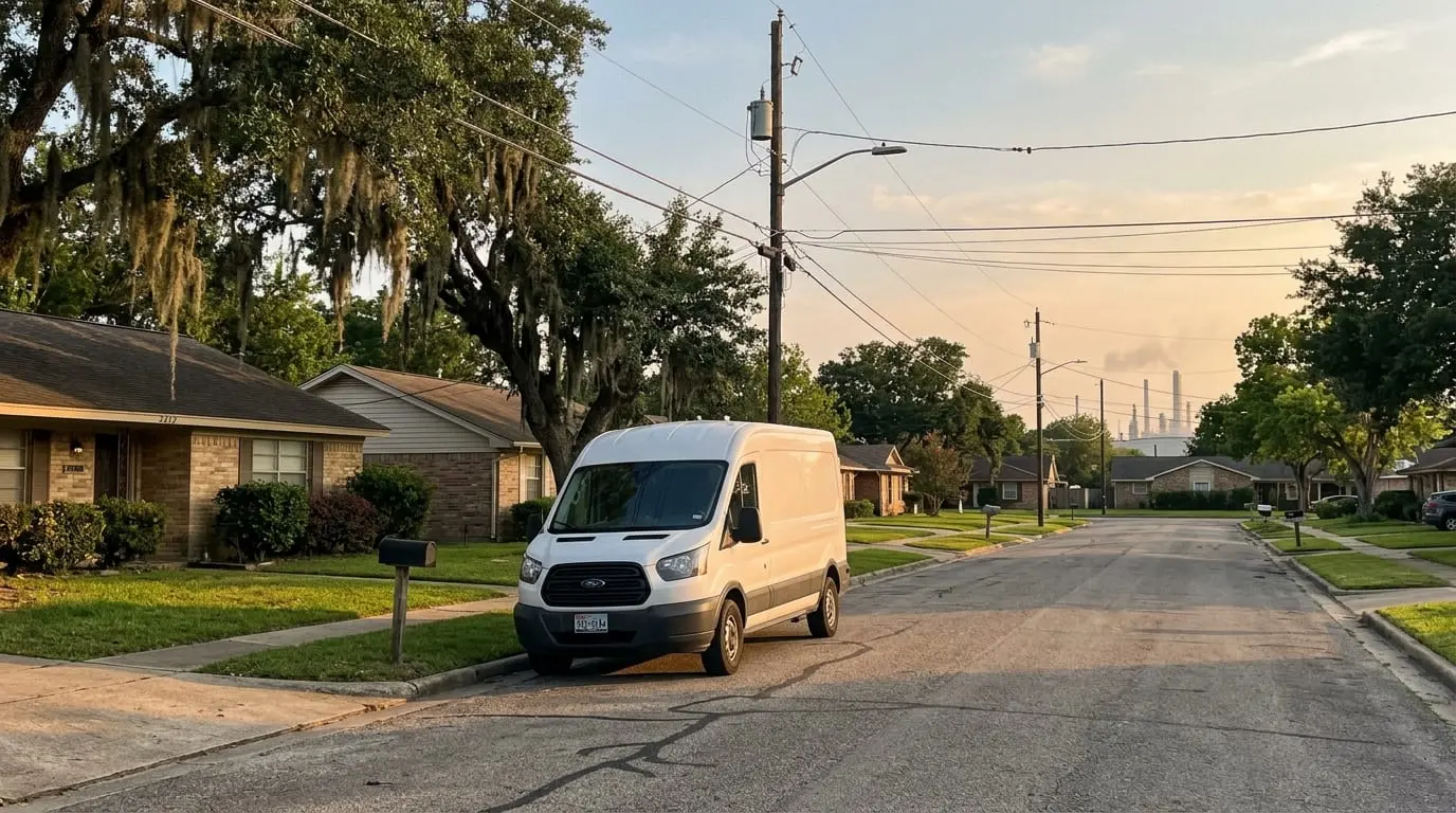 Chosen 1 Electric service van parked on a Pasadena, TX street with refinery stacks in the distance